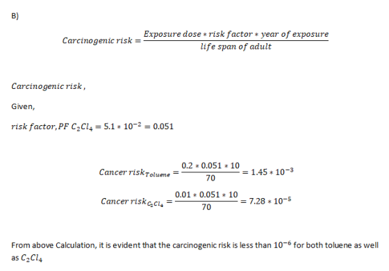 B) Exposure dose * risk factor * year of exposure Carcinogenic risk = life span of adult Carcinogenic risk, Given, 10-2 risk