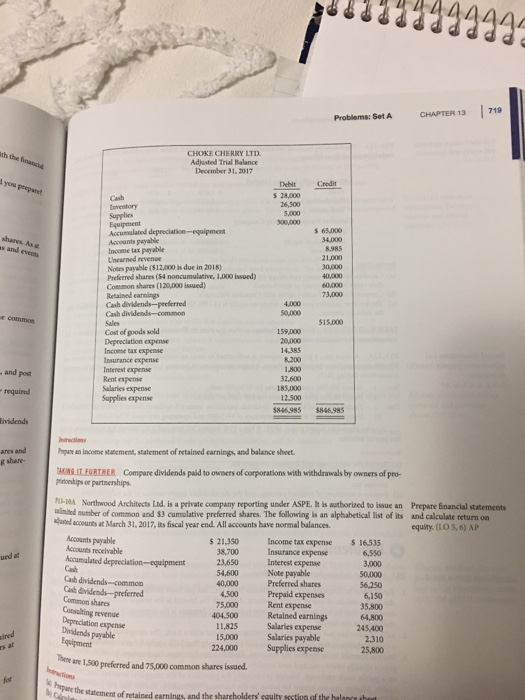 Problems: Set A CHAPTER 13 71 CHOKE CHERRY LTD Adjusted Trial Balance December 31, 2017 Deblt Credit 5 28,000 s 65,000 34,000