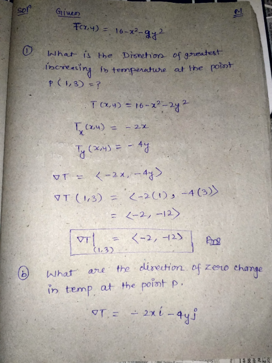 col GriMeS 의: ion of greatest is tempenetwre at the point 1,32 b) What ae the directon. of zeoto o tn temp, at the point p 0