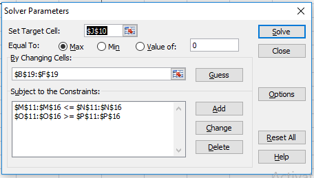 Solver Parameters Set Target Cell: 51510 Equal To: ⓔMaxOMín Solve Oyalue of: Close By Changing Cells: $8$19:$F$19 Subject to