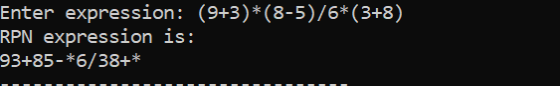 Enter expression: (9+3)*(8-5)/6* (3+8) RPN expression is: 93+85-*6/38+*