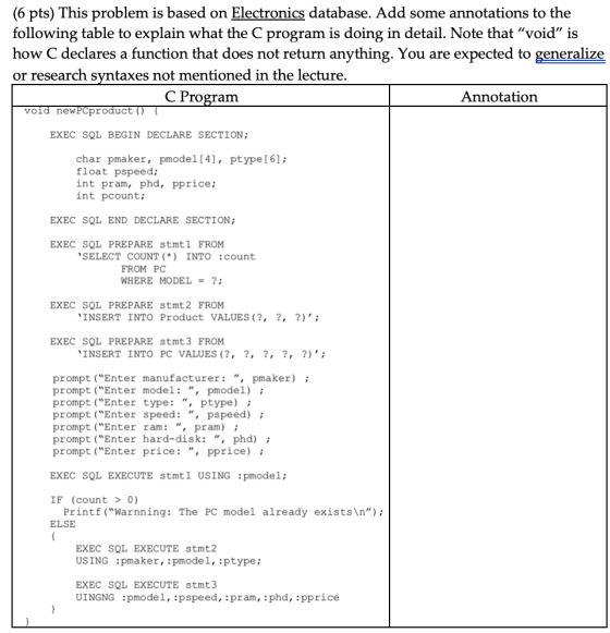 (6 pts) This problem is based on Electronics database. Add some annotations to the following table to explain what the C prog
