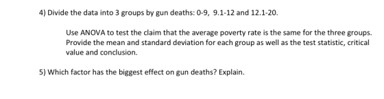 4) Divide the data into 3 groups by gun deaths: 0-9, 9.1-12 and 12.1-20. Use ANOVA to test the claim that the average poverty