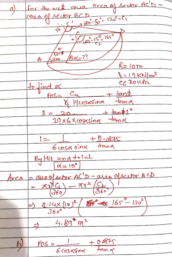 destor AcD far the Net rea ol pf ctor BCD 185 120°-C Bo-22 A 2m RE lom C 201cPa +and tana Cu FoS YHcasasina 19x6XcosKsina ta