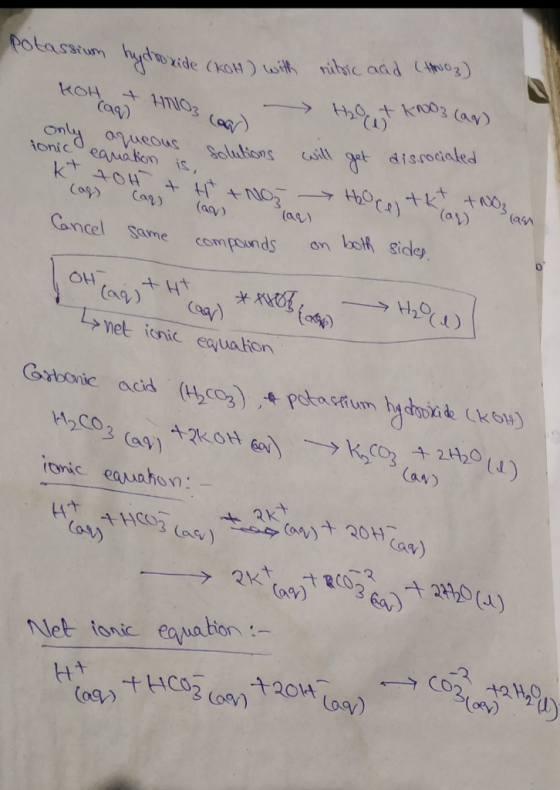 Potasarum hy xide (ko) i nibic add (uo3) 2 Ko3 (ay) (a4y gt disrocaled KOH only oucous eanation is, Cwill Solubions ionic (ay