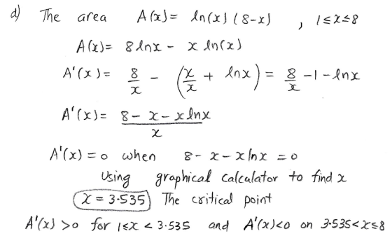 e afka O C)Men Using graphical calculator to find x3.535 The csitical point A(x)>> for 1ЯХ< 3.535 and A(x)20 on3-535<Zs8 I0