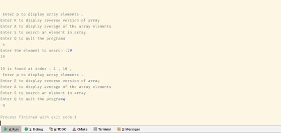 Enter p to display array elements Enter R to display reverse version of array Enter A to display average of the array element