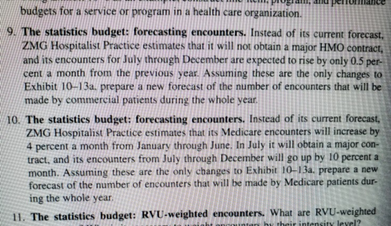 budgets for a service or program in a health care organization. 9. The statisties budget: forecasting encounters. Instead of