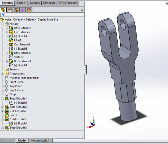 Evaluate DimXpert Features Sketch Office Products yoke (Default<<Default>_Display State 1) History Boss-Extrude3 Cut-Extrude5