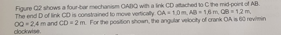 The end D of link CD is constrained to move vertically. OA-1,0 m, AB = 1,6 m, QB-1,2 m. OQ 2,4 m and CD 2 m. For the position