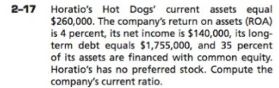 2-17 Horatios Hot Dogs current assets equal $260,000. The companys return on assets (ROA) is 4 percent, its net income is