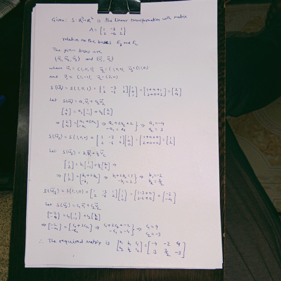 Given: S: RR is the Linear trusfomatia wi matrix 21 -3 A= 2 Telabive to tne bases E gnd The girn byy ave , nd , wher ,C,0, 1)