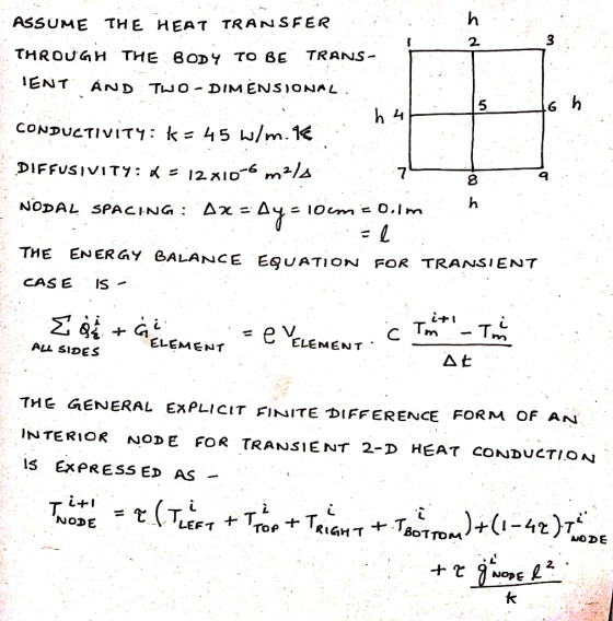 ASSUME THE HEAT TRANSFER 2. TRANS THROUGH тHE ВОDY TO BE ENT AND TWO- DIMENSIONAL CONDUCTIVITY: k- 45 W/m.K DIFFUSIVIT7: - 12