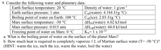 9. Consider the following water and planetary data: Earth Surface temperature: 20 °C Earth surface pressure: 1 atm Boiling po