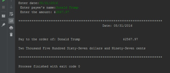 531790 Enter date: Enter payees name: d Tzmp -Enter the amount: $ 2567.97 Date: 05/31/2016 Pay to the order of: Donald Trump