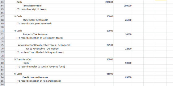 Cash 280000 63 Taxes Receivable 64 280000 (To record receipt of taxes) 65 66 3 Cash 25000 67 State Grant Receivable 68 25000