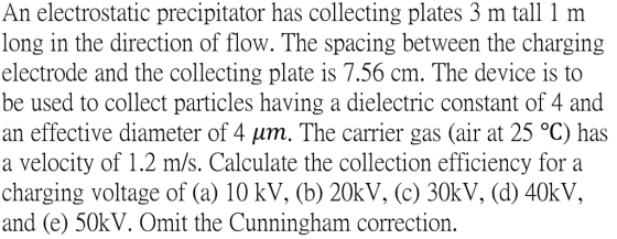 |An electrostatic precipitator has collecting plates 3 m tall 1 m |long in the direction of flow. The spacing between the cha