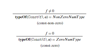typeOf (Const(f),a)- NonZeroNumType (const-non-zero) f-0 typeOf(Const(f), a)- ZeroNumType (const-zero)