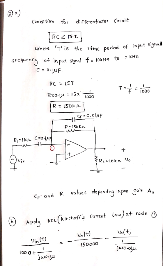 Con diton sr differentiator Circuit where T is the Time period of in frequency of inpud signal 100HE Cç and R, Values deend