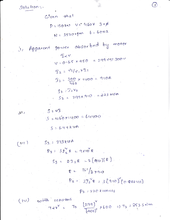 Solu Hon Cven that Apparnt ouser absor bed by motor S2. 273 kuuA 2 220 k coaits 1400)