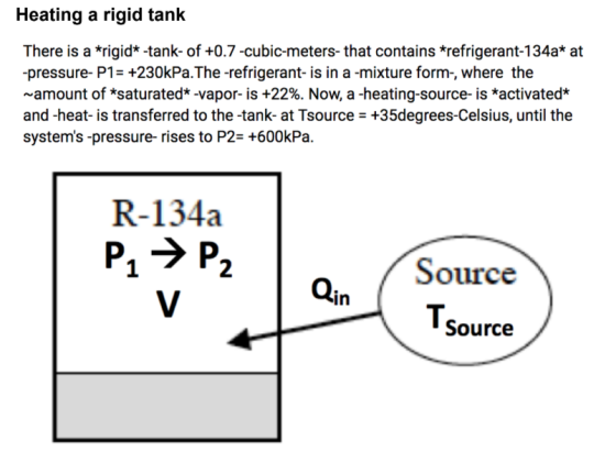 Heating a rigid tank There is a *rigid*-tank-of +0.7-cubic-meters-that contains *refrigerant-134a* at -pressure- P1 +230kPa.T