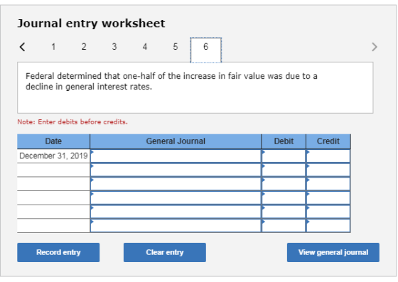 Journal entry worksheet 4 Federal determined that one-half of the increase in fair value was due to a decline in general inte