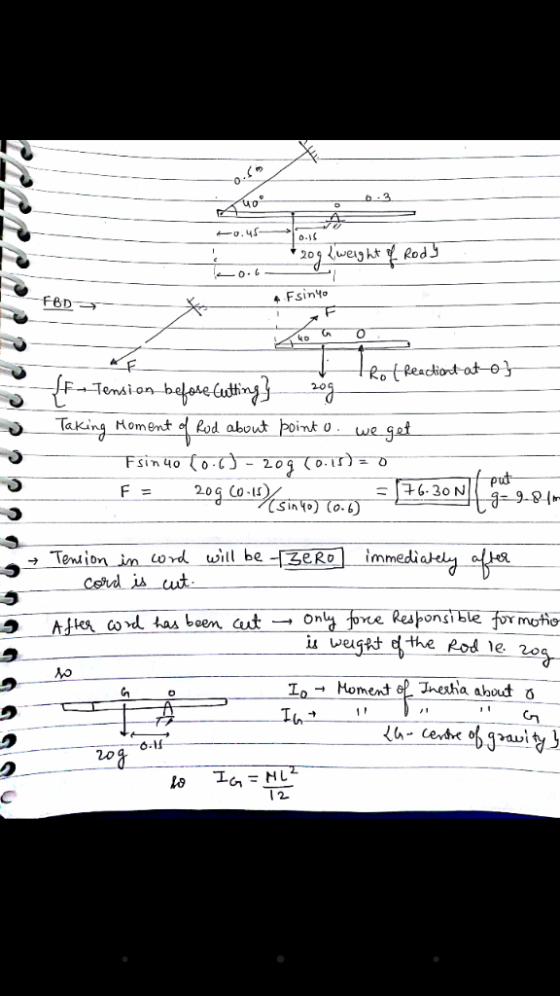 0 F8D 4 Fsinto emii-o Taking Homent o Rod about boint o 20q Co into) (o-6 cond tas been-cut-ono one Responsi b motio o-1