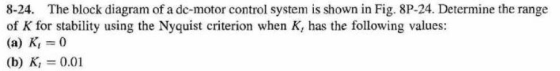 8-24. The block diagram of a de-motor control system is shown in Fig. 8P-24. Determine the range of K for stability using the