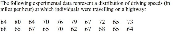 The following experimental data represent a distribution of driving speeds (in miles per hour) at which individuals were trav