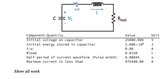 t-0 load Value Component/Quantity Initial voltage on capacitor Initial energy stored in capacitor i (o) Rload Half-period of