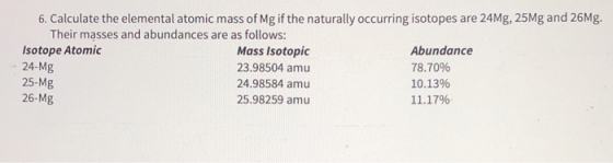 24Mg, 25Mg and 26Mg. 6. Calculate the elemental atomic mass of Mg if the naturally occurring isotopes Their masses and abunda