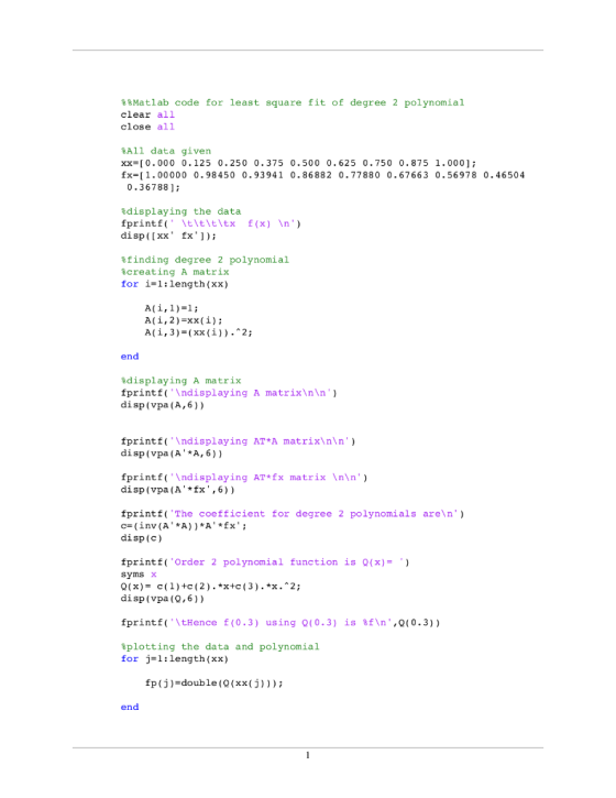 Matlab code for 1least square fit of degree 2 polynomial clear all close all All data given 0.250 0. 375 0.500 0.625 0.750 .0