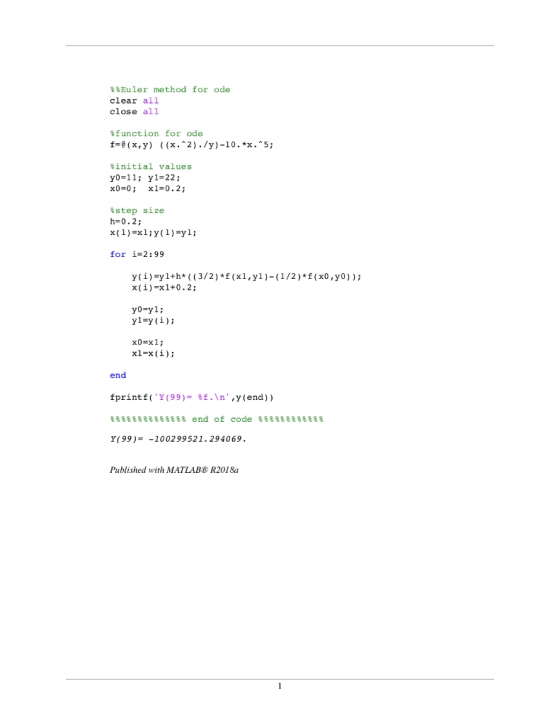 Euler method for ode clear all close all %function for ode f-e (x, y) ( (x.^2)./y)-10.*x.*5; initial values y0 11 x0 0; y1-22