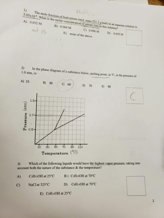 ) The mole fraction of lead nitrate (mol mass 3312 g/mol) in an aqueous 5.85x101: What is the molar concentrationt of nitrat