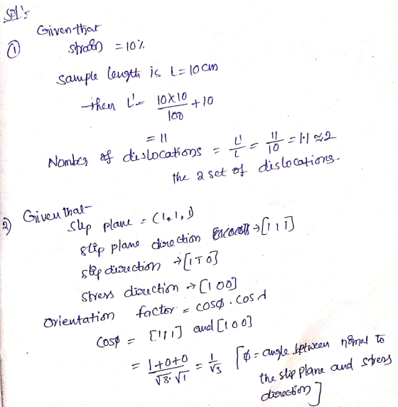 Given thar Sha 107 sample lougth i L= 10Cm than 10x10 10 Nonbes dislocahons 1 10 the a set of dislocations Giveu thal Plane s