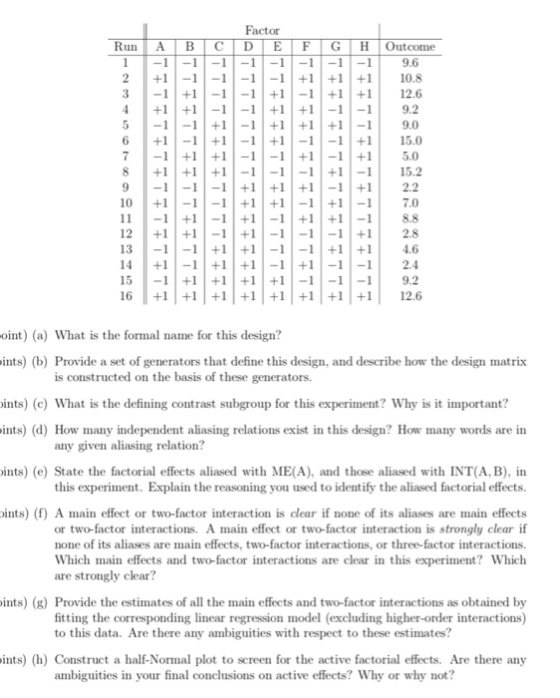 Factor Run A BCDEFG H Outcome 9.6 31- +1- +1 +12.6 9.2 9.0 6 +11 +-1 -+ 15.0 -1 +15.0 8 +1 1-1 +115.2 +1 2.2 10 +1-1 +1 +1-1