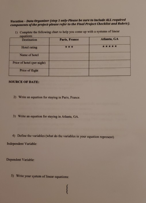 Vacation - Data Organizer (step 1 only-Please be sure to include ALL required components of the project-please refer to the F