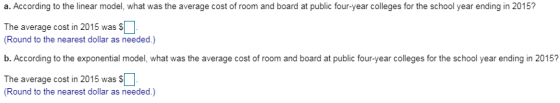 According to the linear model, what was the average cost of room and board at public four-year colleges for the school year e