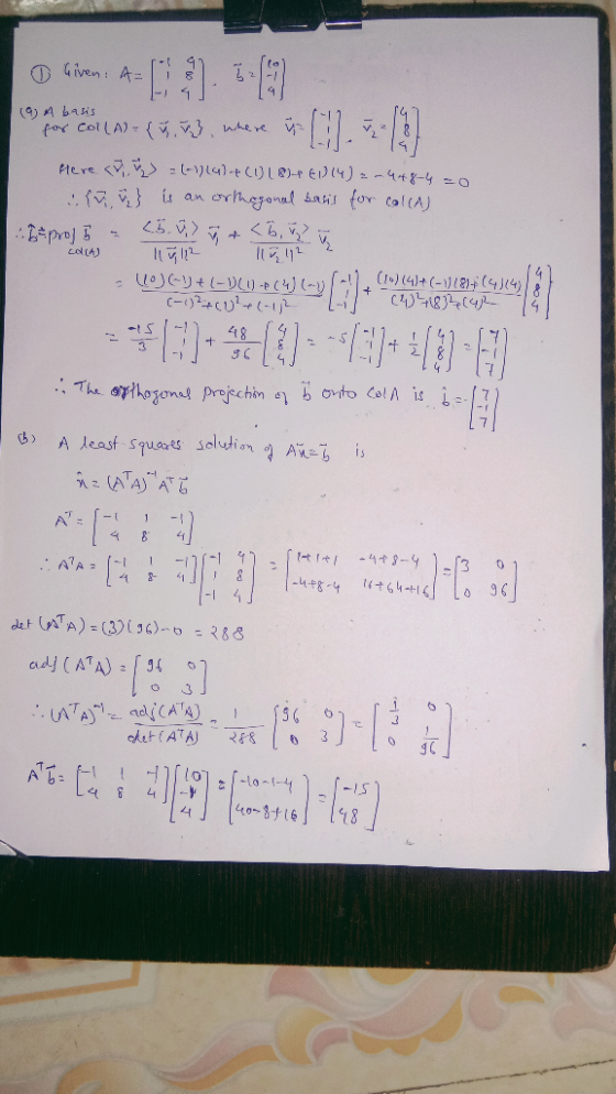 DA F7 ven: A (9)bais for CollA) V. nhe re =(-)4)-t C)1 81-p E(4) 2 -448-40 is an crhezonal batis for col(A) K6.V. b, Itn eter