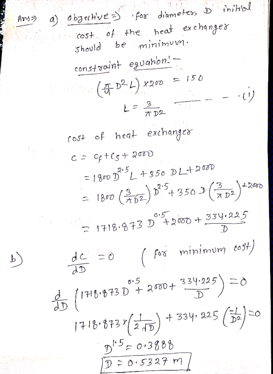 cost of the heat exchange COS should be minimum constseint eguahon 1リ ost of heqL exchanged オD2. 0.5 1718, 73 D +2の0+33y·225