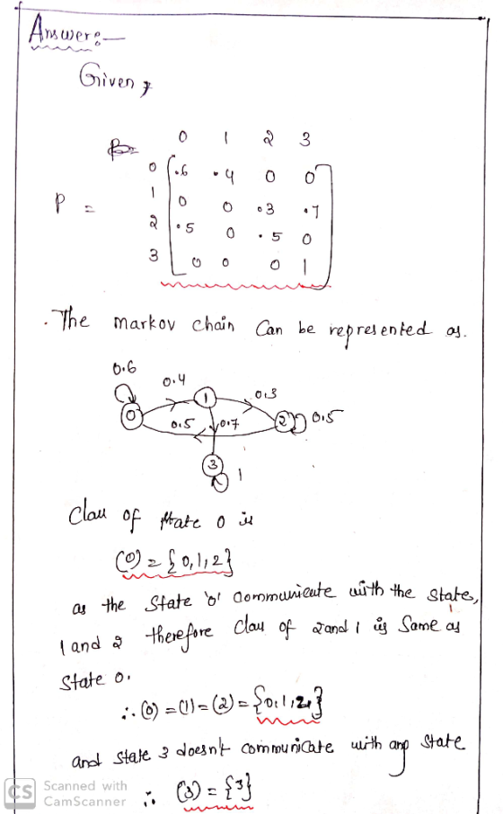 I Ven 0 e markov chain Can be represented o 6.6 0 as the State { and ผู้ State o demmumieate uirth Scanned with CamScanner