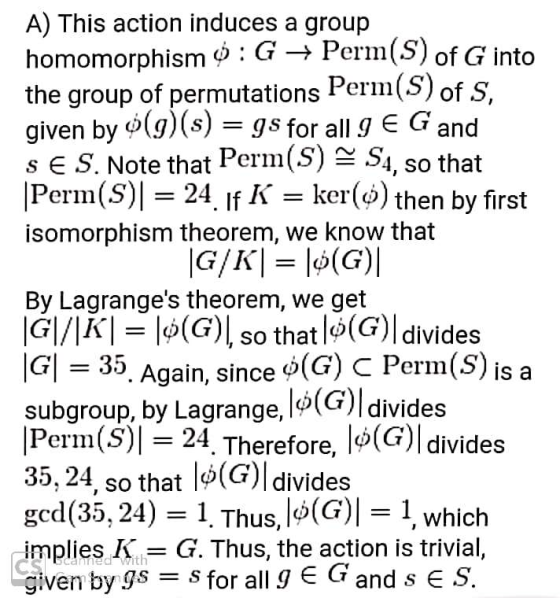 A) This action induces a group homomorphismG Perm(S) of G into the group of permutations Perm(S) of S, given by o(g) (s) gs f