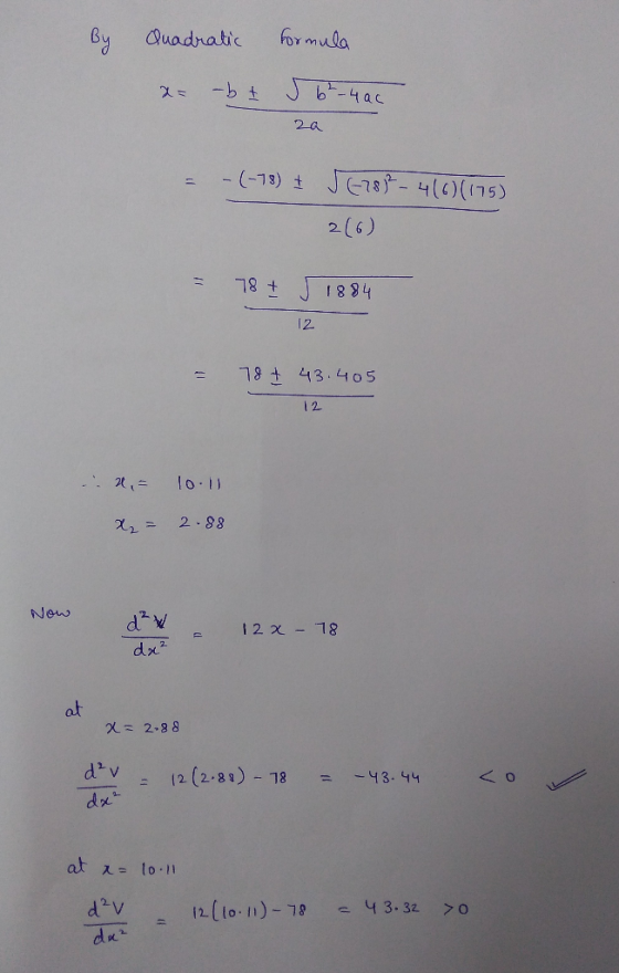 By Quadratic for mula 2(6) + J 1834 12 724 43-405 12- lo Nenw 2. ot χ= 2,88 12 (2.8 -78 dV 11(10-11)-18-43. 32 >O -