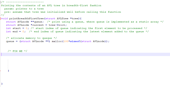 Printing the contents of an AVL tree in breadth-first fashion param: pointer to a tree pre: assume that tree was initialized