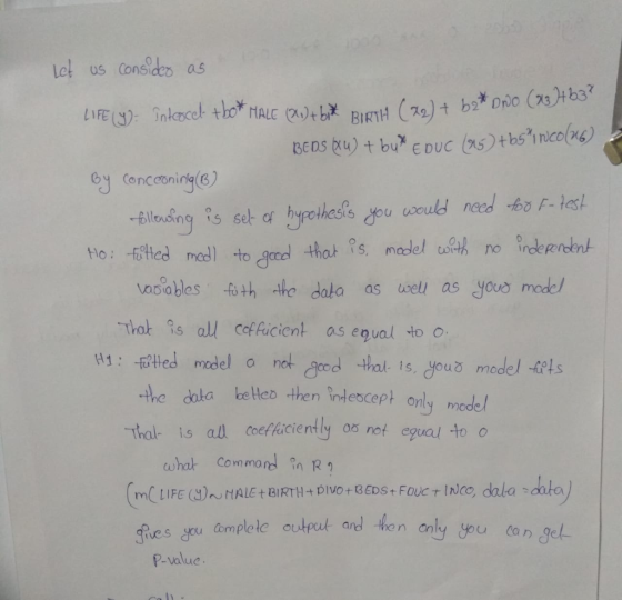 Let us Consides aS LIFE ) İnloc Но. vaabeth the data as wel! as yous mode/ Thot is all cofficient as egual to o 11: fited med