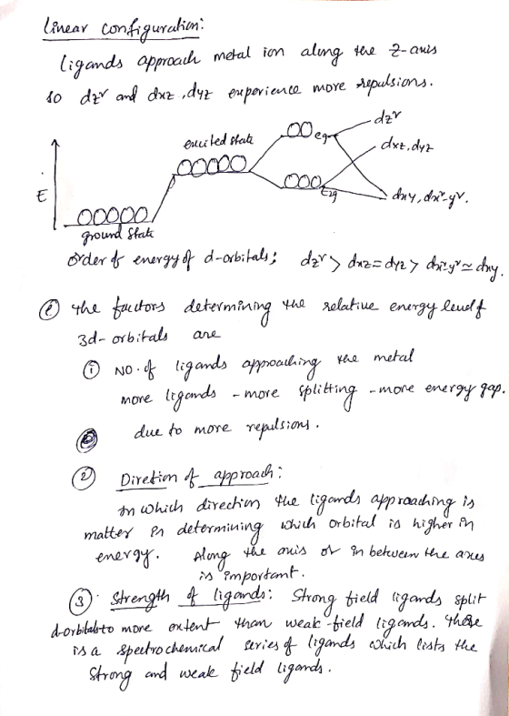 Linear Configuration ligands oppraah mekal ion do d anf dx ,dyr euperiente almg Apulsions dehe 2-anis moye dzv eg-* dxt, dy e