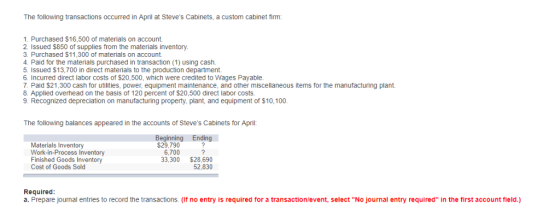 The following transactions occurred in April at Steves Cabinets, a custom cabinet firm: 1. Purchased $16,500 of materials on