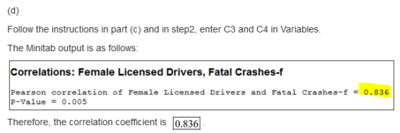 (cl) Follow C3 and C4 in Variables. The Minitab output is as follows: Correlations: Female Licensed Drivers, Fatal Crashes-f