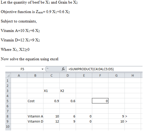 Let the quantity of beef be X1 and Grain be X2 Objective function is Zmin= 0.9 Xi+0.6 X2 Subject to constraints Vitamin A-10