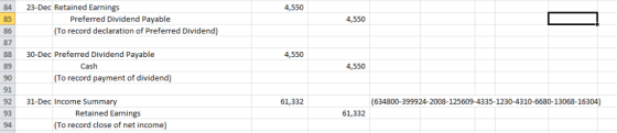 84 23-Dec Retined Earnings 4,550 Preferred Dividend Payable 85 To record declaration of Preferred Dividend) 86 87 30-Dec Pref